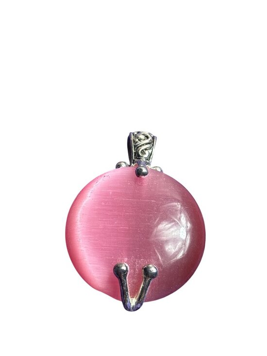 Jewelry - Circle Pink Cat's Eye Pendant Silvertone 2 inches